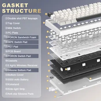 Tastiera da gioco meccanica full size YUNZII YZ98 bianca, tastiera wireless retroilluminata RGB con 99 tasti vintage, guarnizione hot swap, layout 98% 10 best sales tastiera meccanica 98 - №3