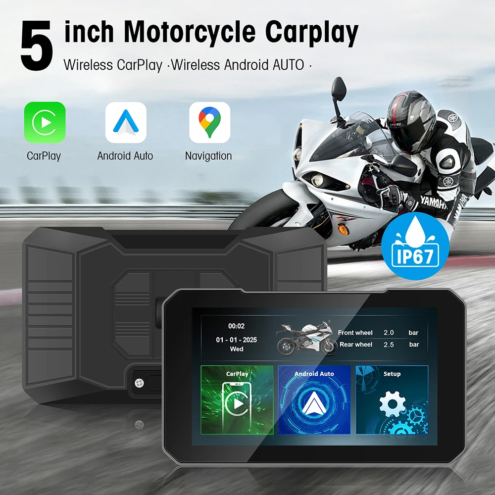 Wireless CarPlay Moto Android Auto 5.0 inch Portable Digital Dashboard Motorcycle Navigation GPS Removable Display Screen