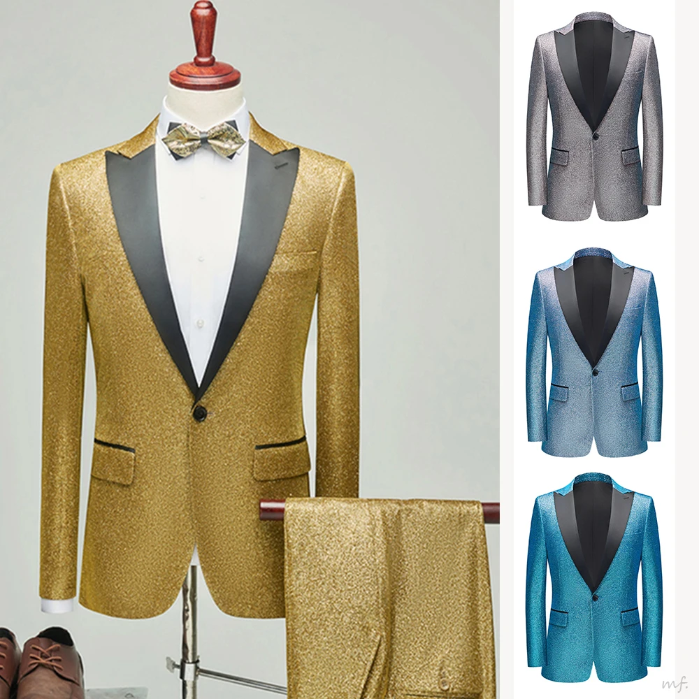 New Men's Wedding Suits Korean Version Stage Costume Bright Dancewear 2Pcs Set Mens Geoom Casual Clothing Customized