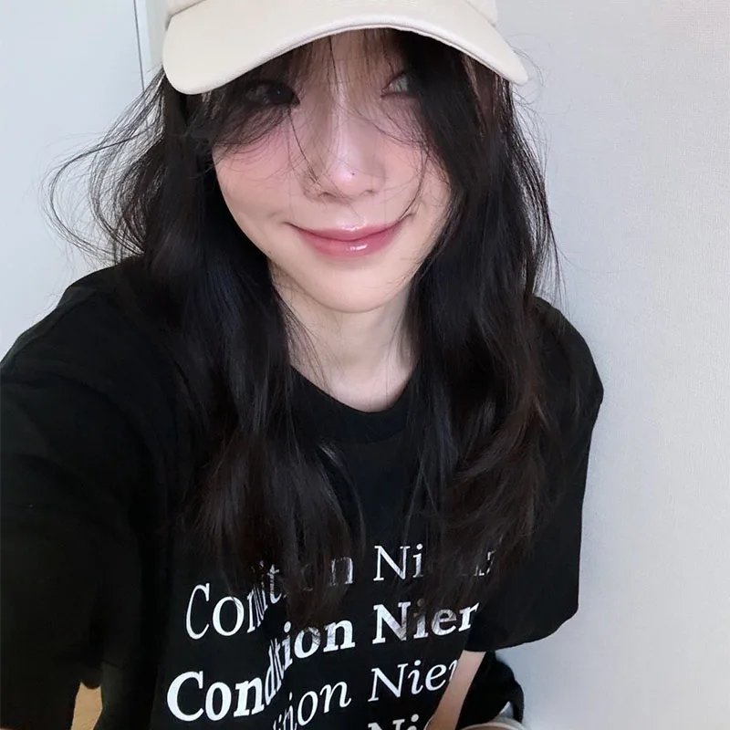 

Kim Minji Kim TaeYeon ort Sve T-irt Loose Letter Print Pure Cotton Summer round Ne ex Clothing Commute Sle