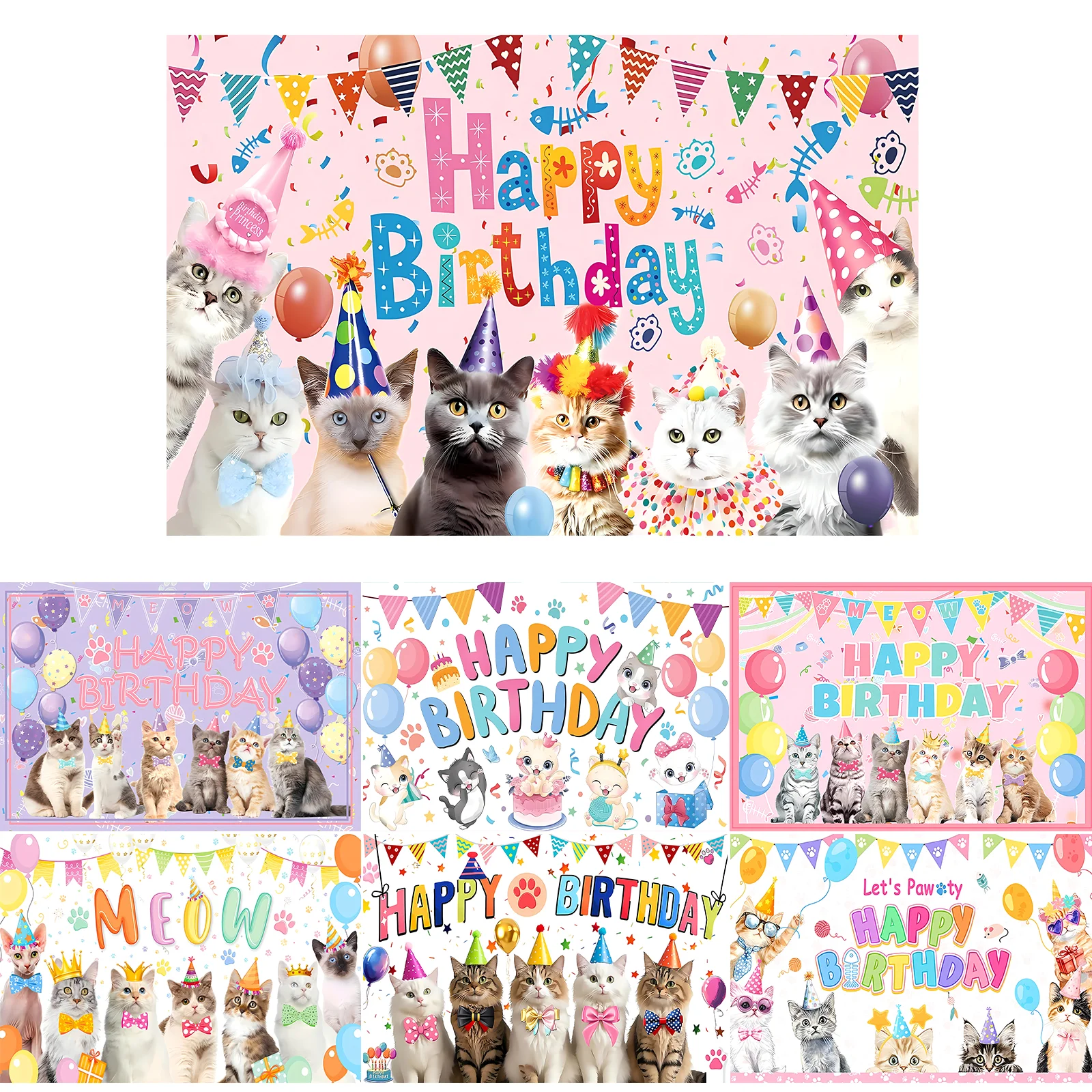 

Cute Cartoon Cats Theme Background Funny Animals Happy Birthday Party Decoration Kids Gift Banner Pink Black Balloon Poster Prop