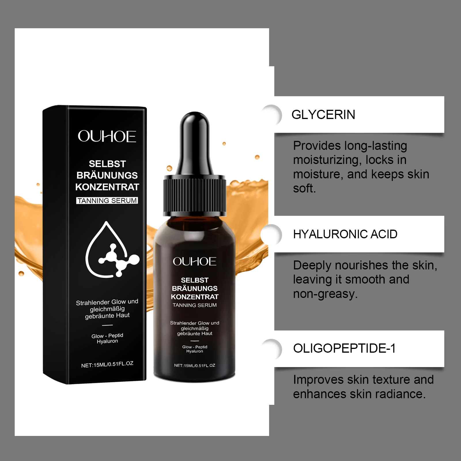 OUHOE Tanning Serum Even Out Skin Tone Nourishing & Hydrating Quickly Absorbed Enhance Elasticity Make Skin Healthy & Smoothing