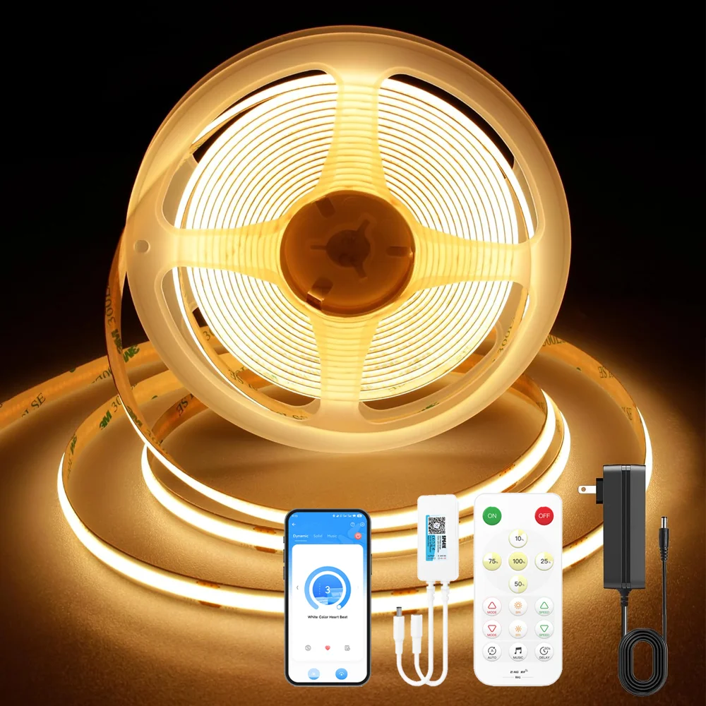 12V COB LED Strip 1m 2m 3m 4m 5m Warm White Wardrobe Cabinet Lighting Room Decor 3000-6500K Bluetooth APP 2.4G RF Remote Control