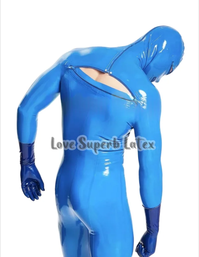 Full Cover Latex Catsuit Attached Hood Black Gloves Socks Back T Zip Eyes Mouth Breast Zipper Catsuit Bodysuit Halloween Party