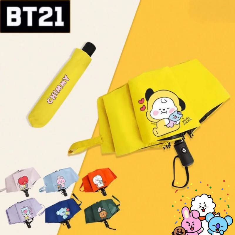Novo guarda-chuva unissex com padrão criativo de desenho animado do BT21, doce e fofo, com revestimento preto para uso duplo contra sol e chuva.