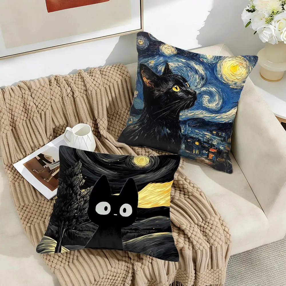 Van Gogh Starry Night Cat Cushion Cover Silky Short Plush Invisible Zipper Dustproof Sofa Pillow Case for Home Decor