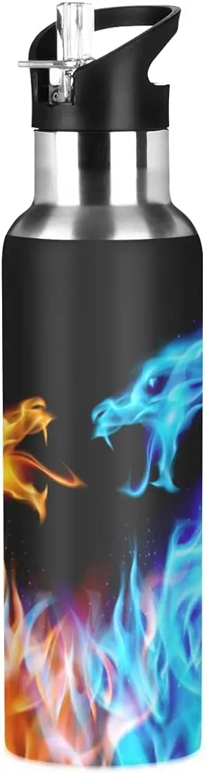 

Kids Fire Dragon Water Bottle with Straw Lid, Leakproof Insulated Stainless Steel Flask, 20 oz