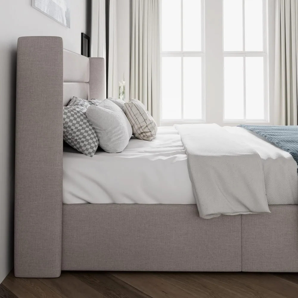 King Size Lift Up Storage Bed/Modern Wingback Headboard/Upholstered Platform Bed Frame/Hydraulic Storage/No Box Spring