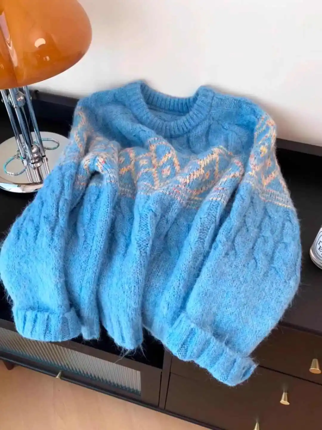 Women Blue Checked Pullover Jumper Sweater Harajuku Vintage Japanese Street Fashion Y2k Oversize Cashmere Sweater 2000s Clothes