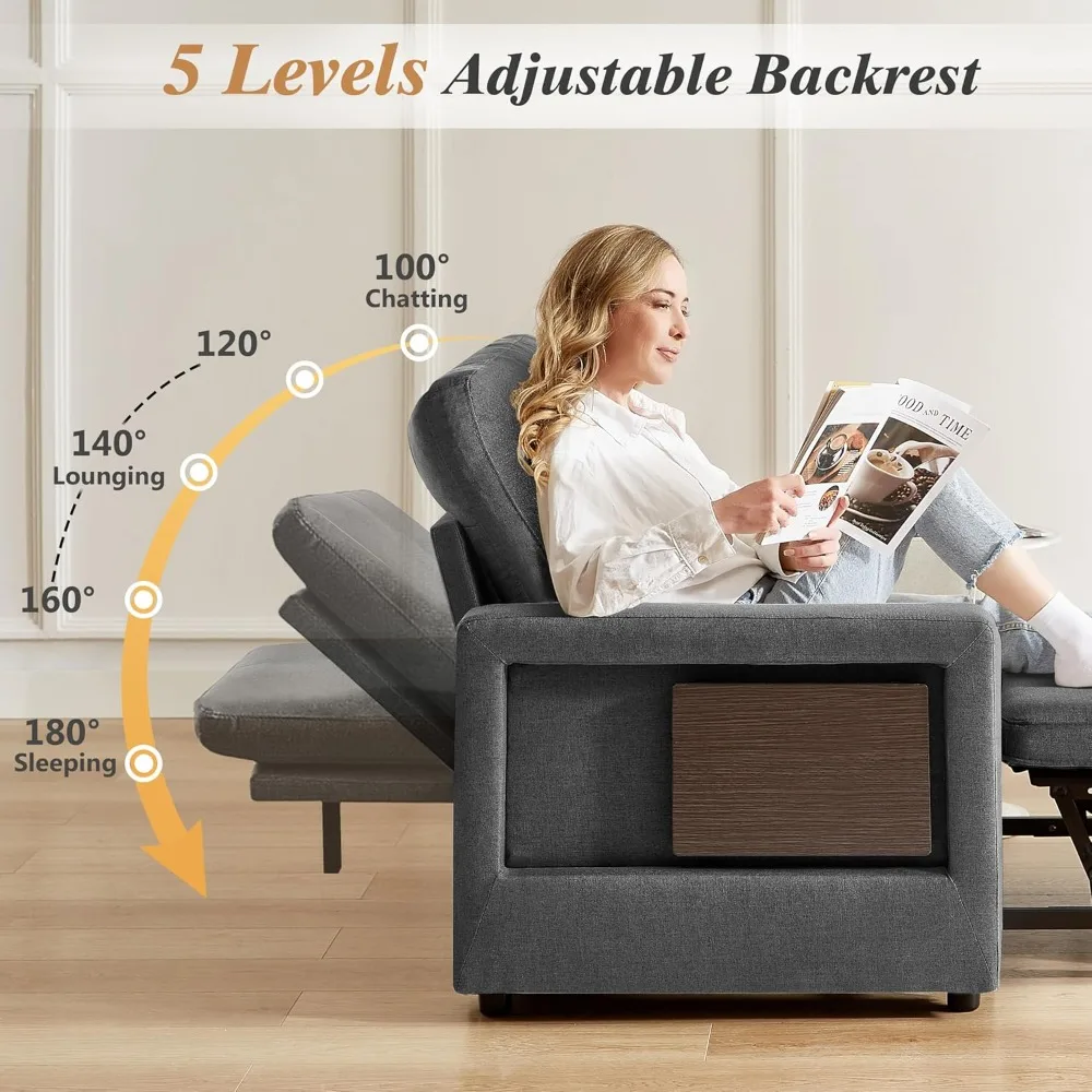 convertible 3-in-1 sleeper sofa chair with pull-out bed and adjustable reclining backrest, side pockets