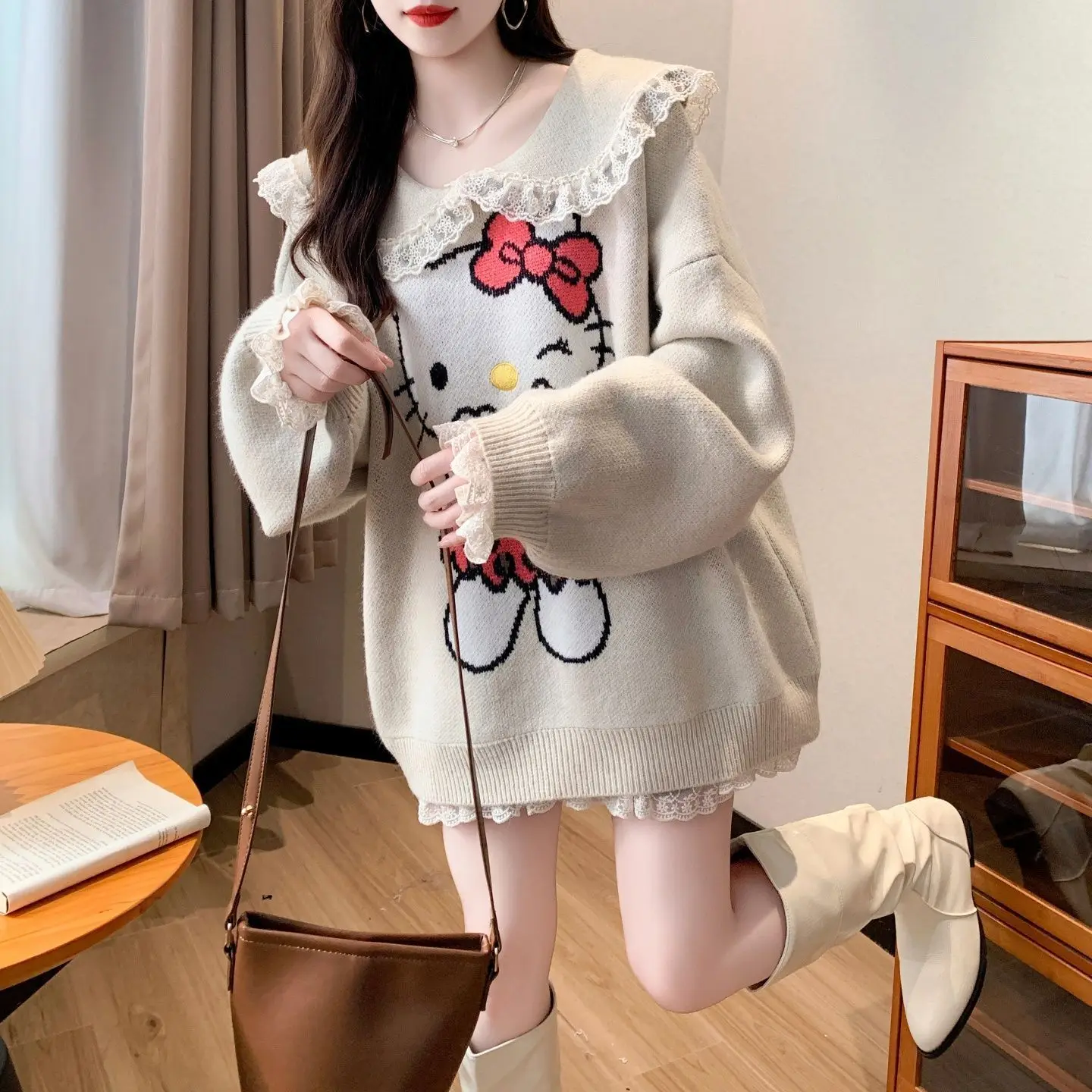 Милый свитер оверсайз с узором Hello Kitty, кружевной отделкой, воротником и длинными рукавами, повседневный, теплый, мягкий трикотаж для осени и зимы