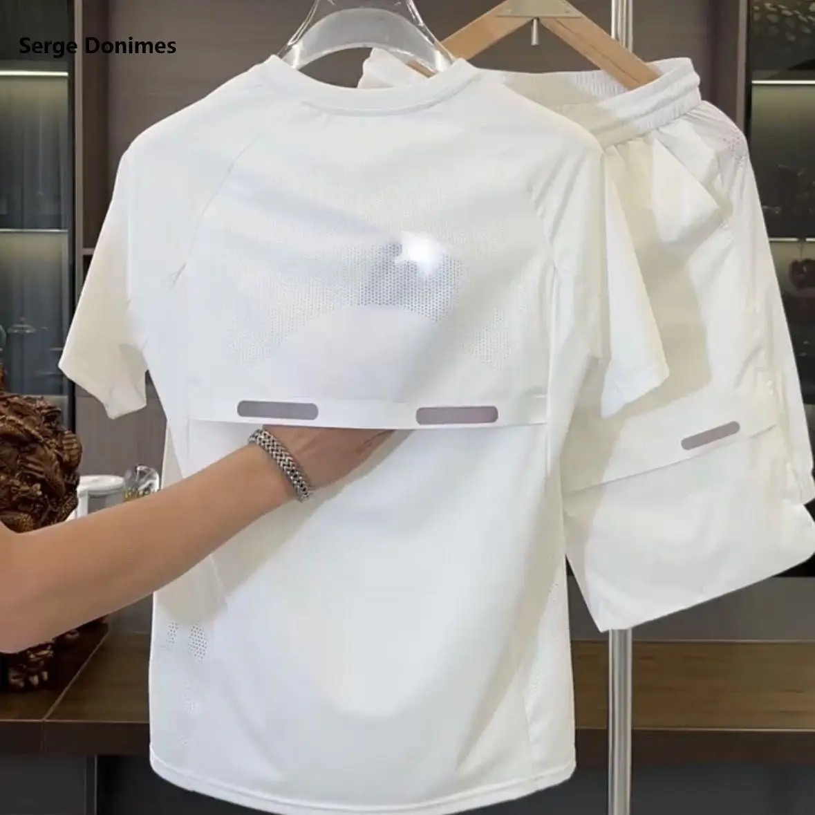 Summer Hollow Ice Silk Quick-drying Set Men's Tide Brand Breathable Solid Color Shorts Mesh Thin Loose Casual Two-piece Set