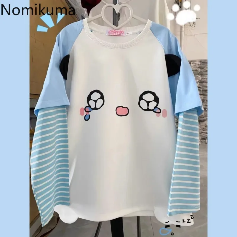 

2025 Ropa Mujer T Shirts for Women Fake Two Tees Y2k Tops Japanese Camisetas O-neck Long Sleeve Contrast Color Striped Tshirts