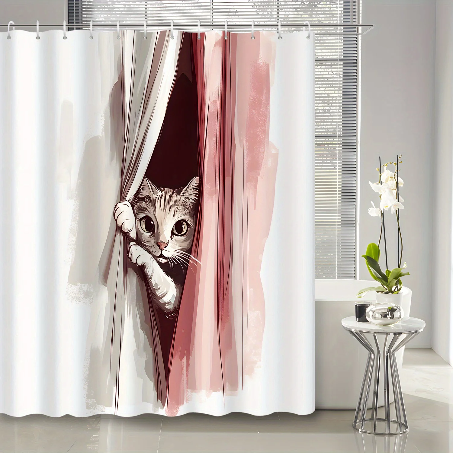 

1pc Watercolor Cartoon Cute Cat Shower Curtain, Decorative Bathroom Partition Curtain with 12 Hooks, Bath Room Decoration