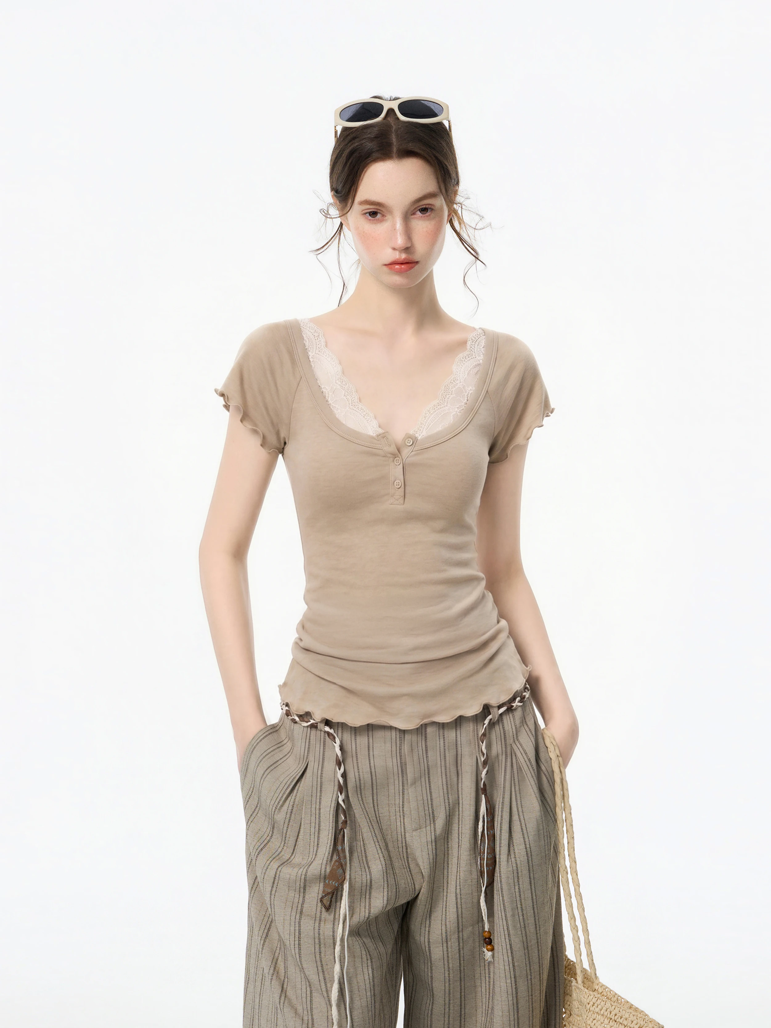 Oatmeal Short Sleeve U-Neck T-Shirt Women's Summer Slimming Design Wood Grain  Short Shoulder Line Fashionable Top