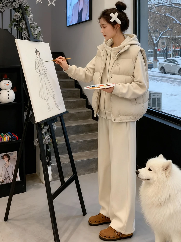 

Women's Fce Lined Thiened Sports Set 2025 Winter New Lazy Chinoiserie Hoodie Wide Leg Pants Vest Tee Piece Set