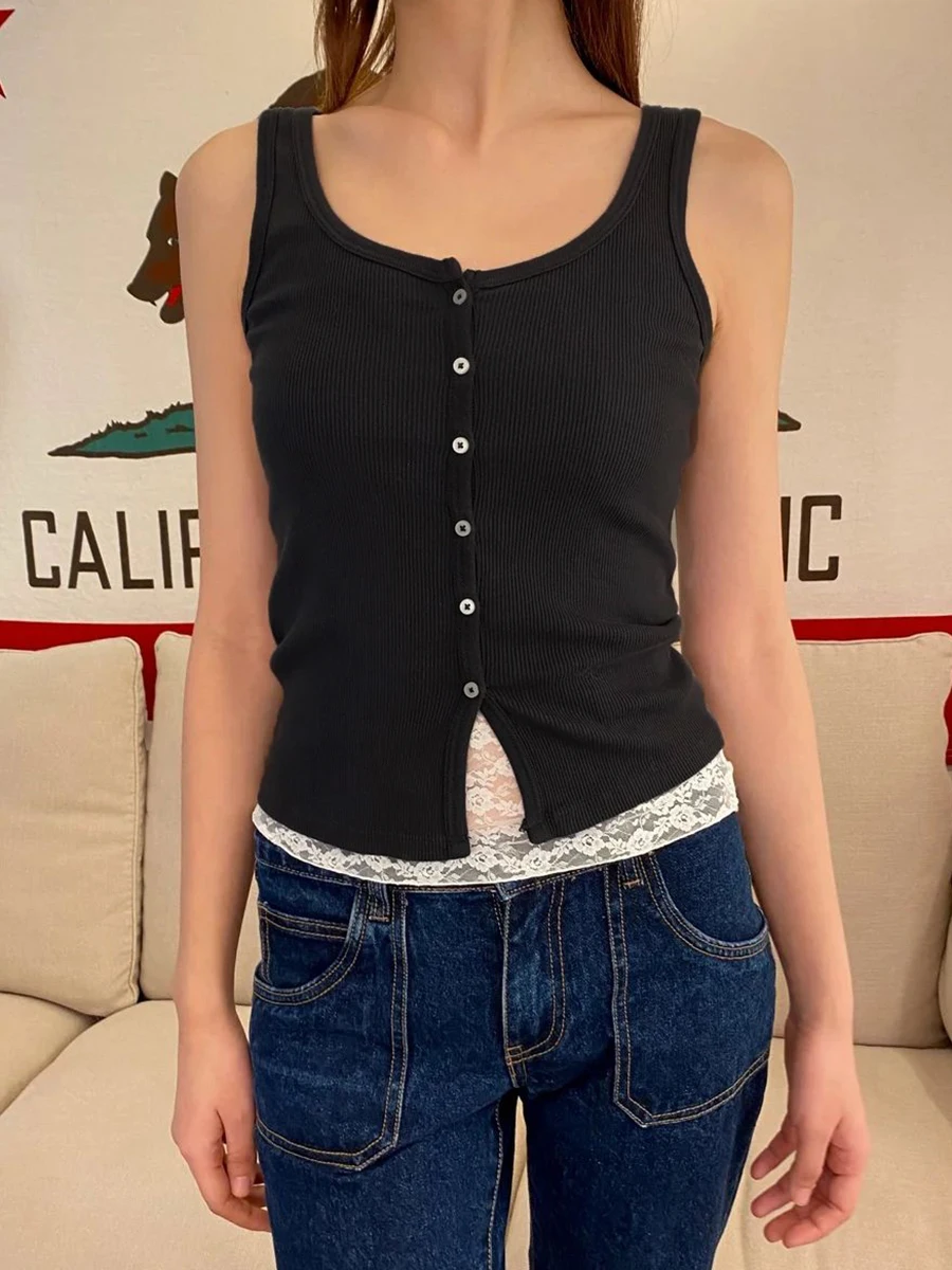 

Solid Ribbed Slim Tank Top Woman Summer U Collar Single Breasted Sleeveless Camis Female Simple All-match Basic Vest Cotton Tops