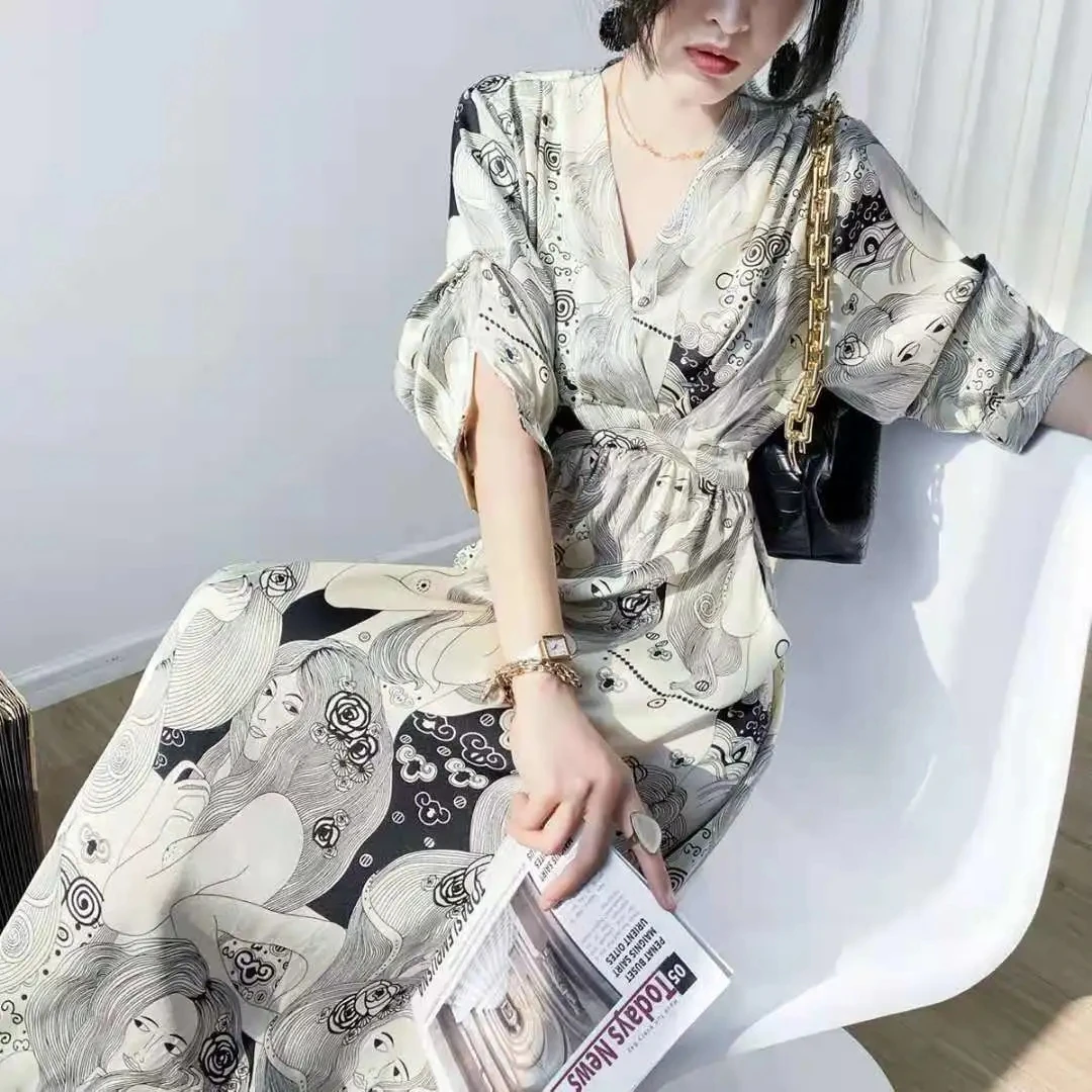 

2024 New Summer Elegant Floral Dress For Women Clothing Summer Stylish V-neck Half Sleeve Loose Dress Women Dresses Vestidos 191