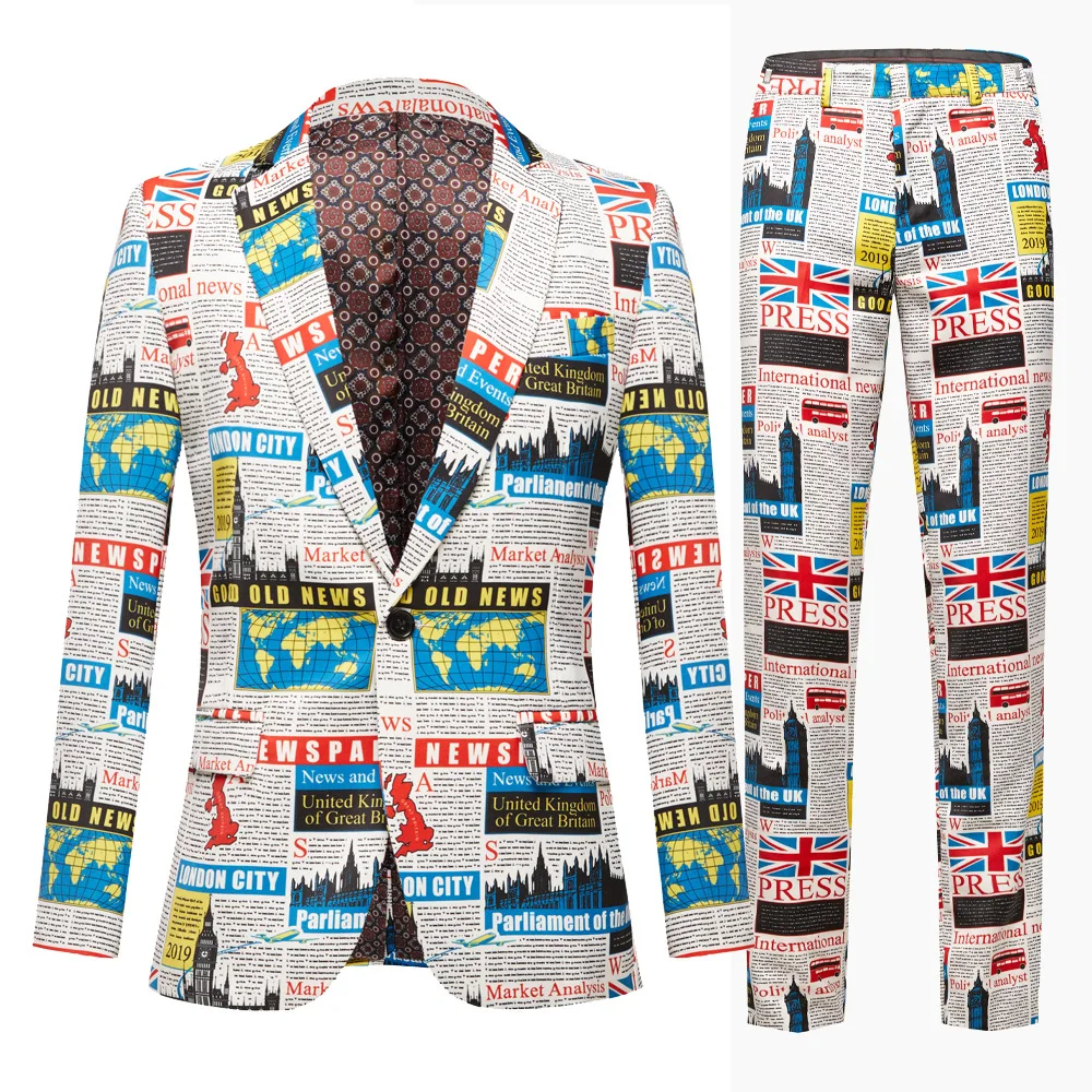 Fashion Men‘s Casual Newspaper Printing Suit / Male Slim Stage Party Club Host Singer 2 Pieces Blazers Sets Jacket Pants