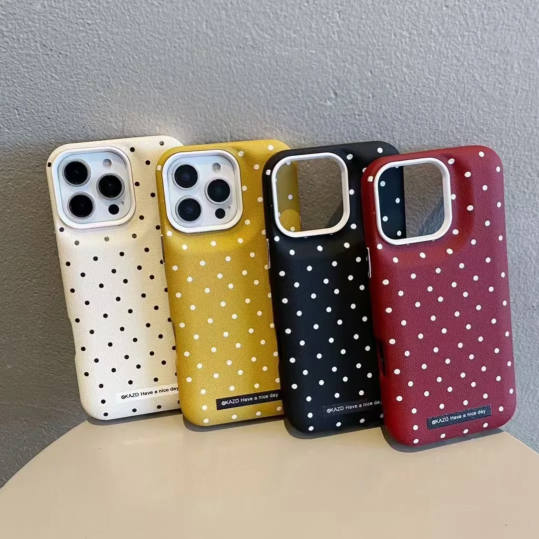 Korean INS 3-in-1 Leather Texture Polka Dots Chic Puff Phone Case for iPhone 16 PIus 15 14 13 12 ProMax 11 Back Phone Cover Capa