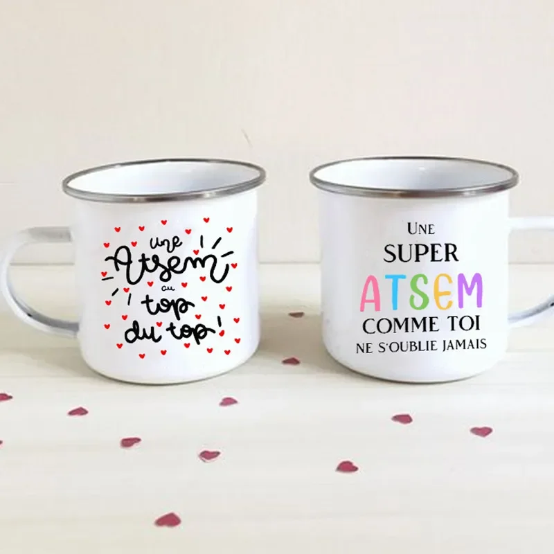 Une Atsem Top Du Top Print Mugs Creative Coffee Cups School Drinks Water Milk Cup Enamel Mug Home Handle Drinkware Atsem Gifts