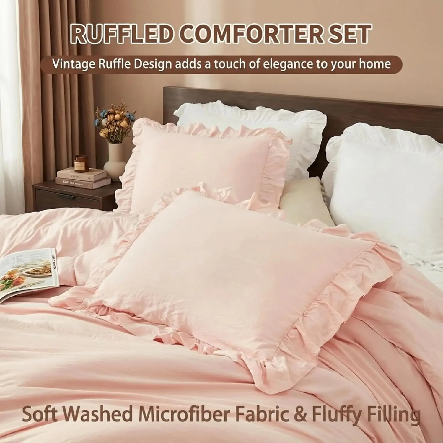 Pink Ruffled Comforter Set – King Size, 3-Piece, Soft Washed Microfiber, Lightweight & Fluffy All-Season Bedding, Vintage French Country Style, 104