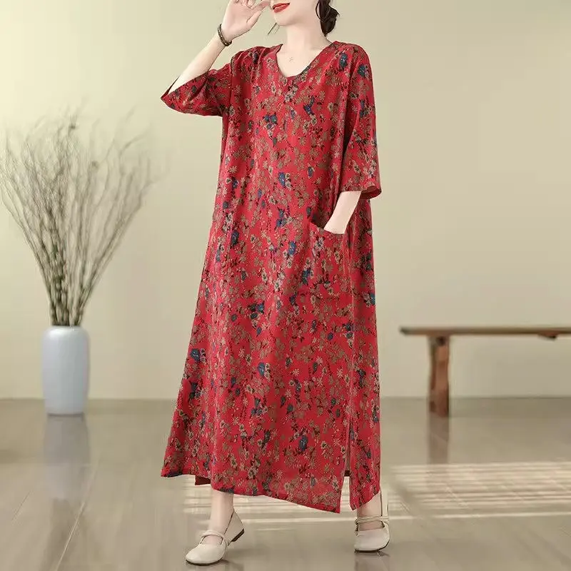 Women\'s Oversized Cotton Linen Dress 3/4 Sleeve Long Summer Dress 2026 New Vacation Style Beach Travel Dress Z4893