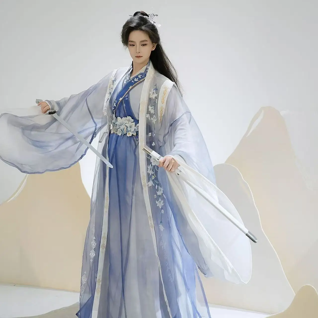 الصناعة الثقيلة Hanfu الرجال النساء الملابس الصينية التقليدية زنبق الأزهار التطريز الدعاوى كرنفال تأثيري حلي رداء طويل الذكور