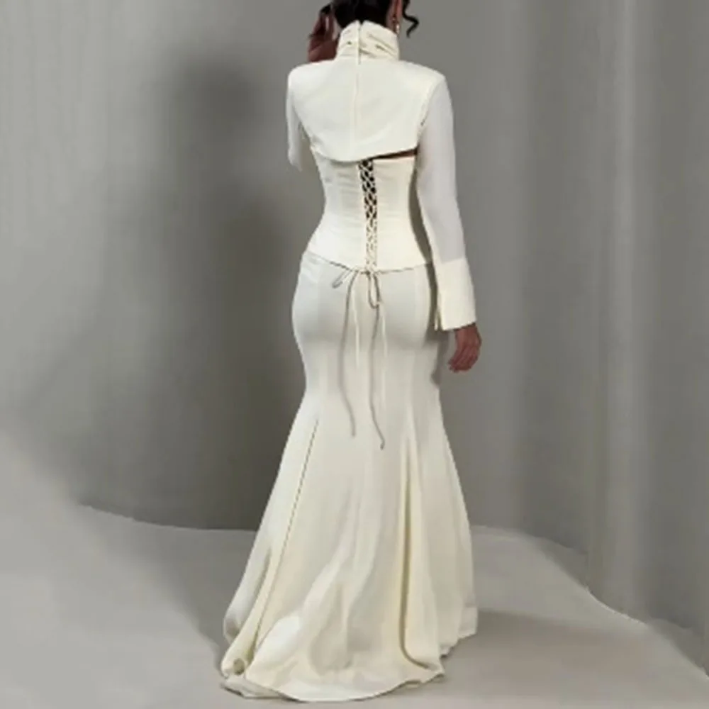 Customized Mermaid Evening Dresses Floor-length High-neck Full Sleeve Prom Gown Fashion Lace-up Simple Draped Casual Party Gown