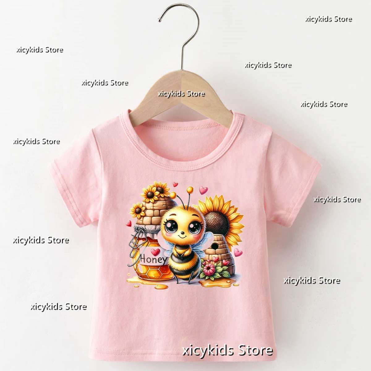 Kawaii Girls T-shirt Valentine's Day Love Little Bee Cartoon Print T-shirt Kids Fashion Aesthetic Girls Pink Short sleeved Tops