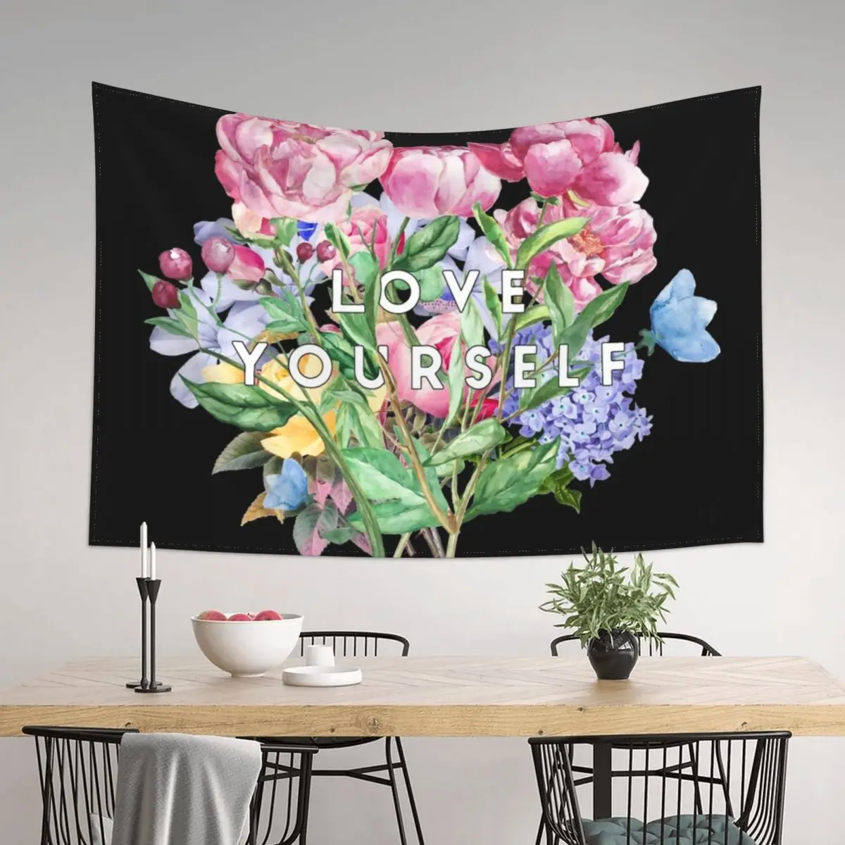 

LOVE YOURSELF (Black Background) Tapestry Mushroom Decorations For Room Room Decore Aesthetic Tapestry