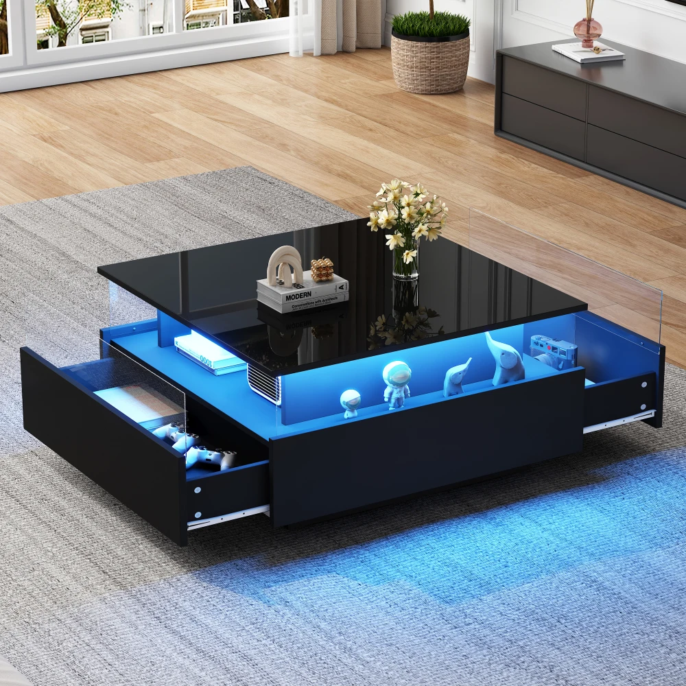 70 x 70 x 41 cm großer moderner Hochglanz-LED-Couchtisch mit 2 Schubladen und transparentem Präsentationsbereich, belastbar bis zu 30 kg – Detail 3