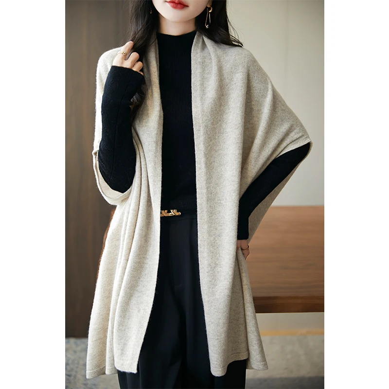 

High-end wool shawl women's Medium style batsleeved cape sweater wool knitted cardigan coat Spring autumn Fashion outer tower