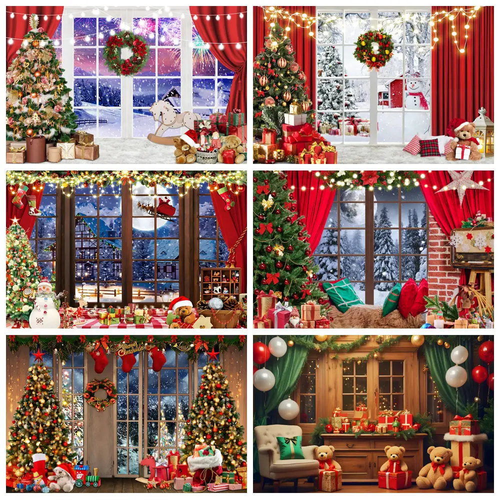 

Christmas Backdrop Photography Wooden Window Chiristmas Tree Fireplace Gift Santa Claus New Year Xmas Background Photozone Decor