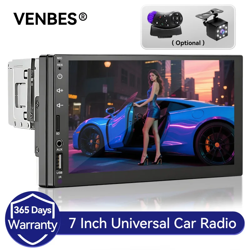 VENBES Car Radio Mirror Link 1 DIN Touchscreen 7 Inch Multimedia Playback Bluetooth Reversing Camera USB TF FM