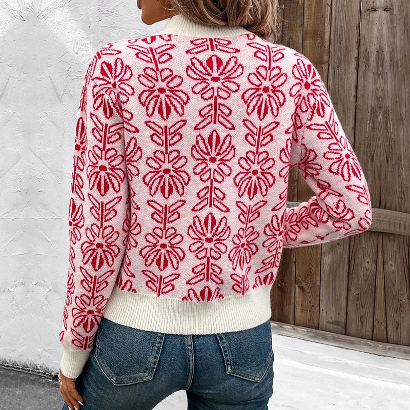 Autumn Winer Ladies Warm Jumper Sweaters Long Sleeves Mock Neck Knitted Sweater Women Pullover Vintage Floral Jacquard Tops