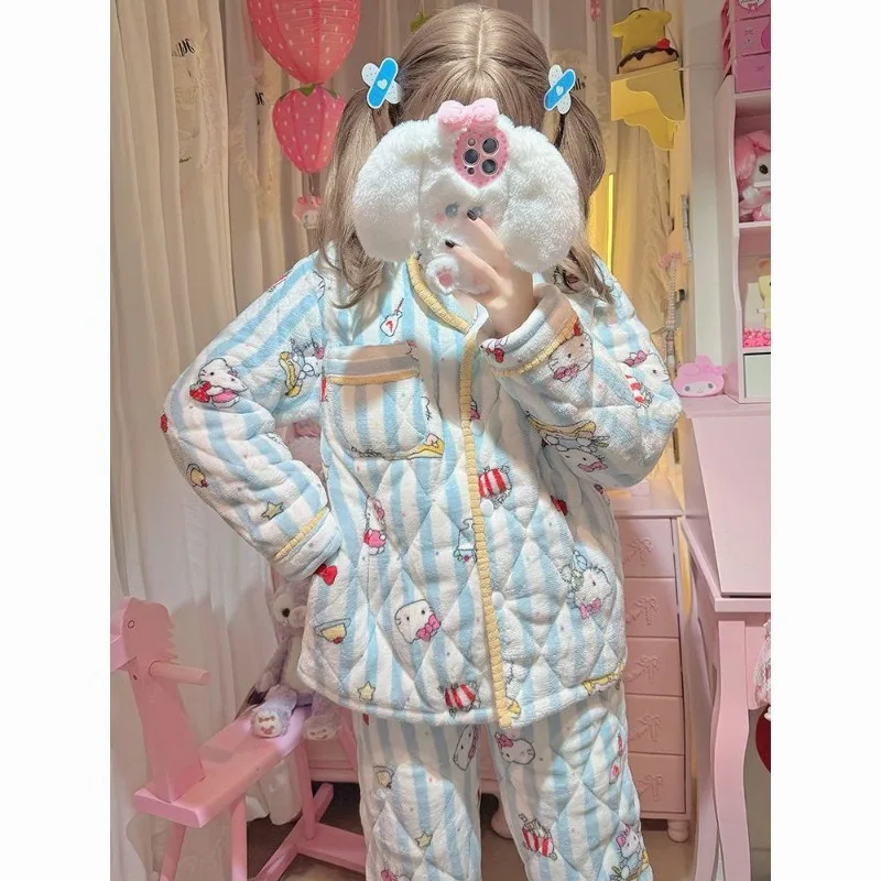 

Kawaii Hello Kitty Coral Velvet Pajamas Sweet Girl Winter Three-layer Cotton Thickening Suit Home Clothes Can Be Worn Outside