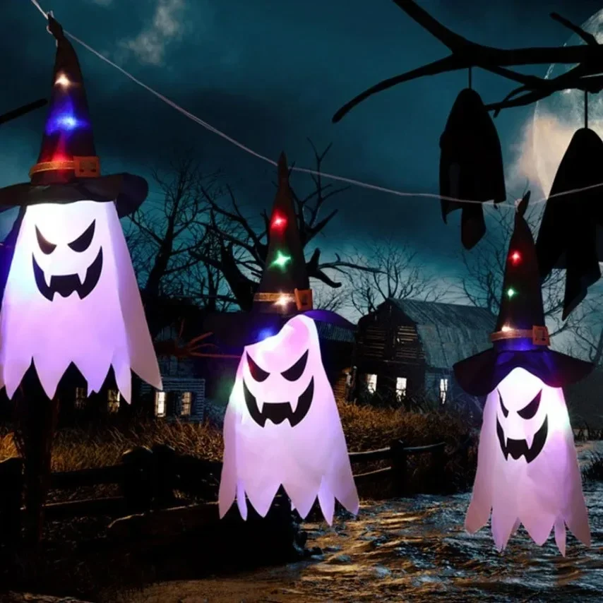 LED Halloween Decoration Flashing Light Gypsophila Ghost Festival Dress Up Glowing Wizard Ghost Hat Lamp Horror Hanging Decor