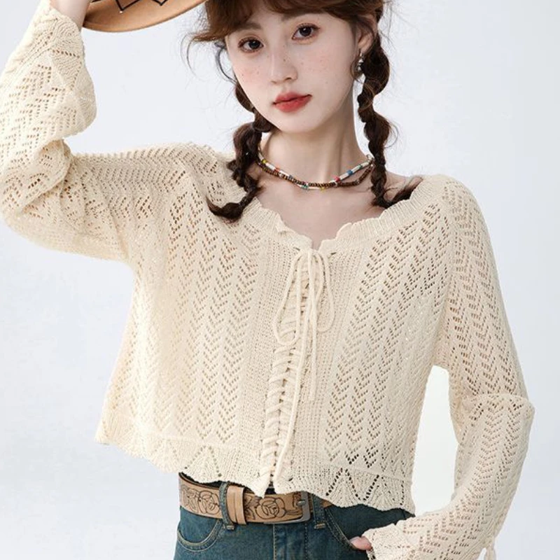 Pullovers Women Vintage Lazy Style Lace-up Design Female New Sweet V-neck Spring Korean Version Popular Casual Harajuku Gentle