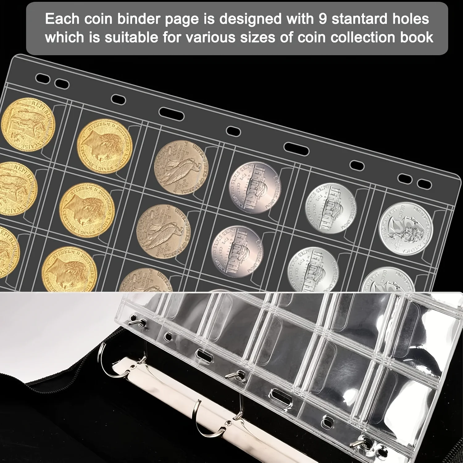 Picture 3: 30 Pockets Coin Binder Collection Supplies Pages 9 Hole Coin Collecting Pocket Page for Coin Stamp Badge Collection 5-10 Sheets