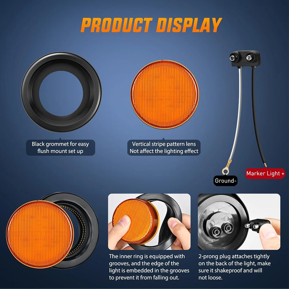 

2PCs 2.5" Round Side Marker Light Clearance Lights For Truck Trailer Tractor Buses Vans 13LED Flush Mount With Plug Waterproof
