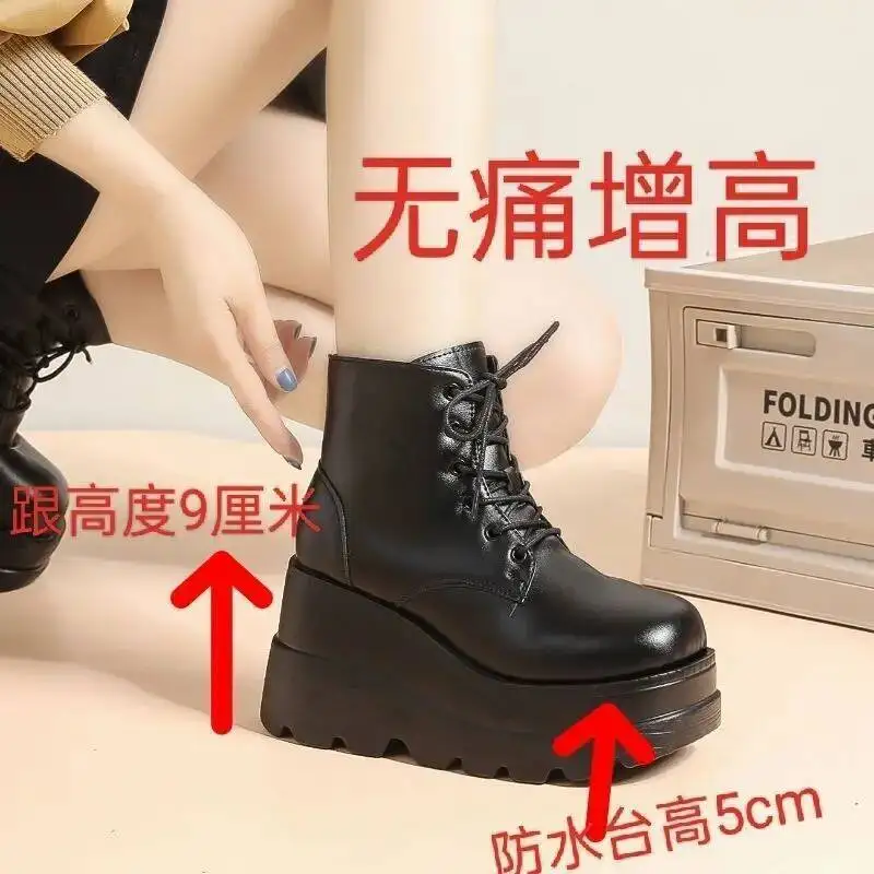 

9cm Cos Height Increasing Shoes thick Sole Boots British Style Women Short Boots Black lace up boots cosplay boots shoes