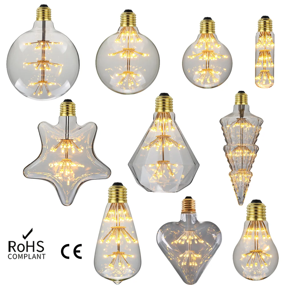 LED Edison Vintage Starry Sky Lamp 3W 2200K  Lightbulb Decorative Christmas Firework Lamp  Bulbs Home Decoration Club Lights