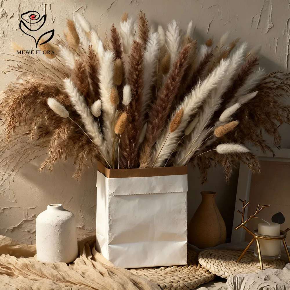 296-teiliges Konserviertes Flauschiges Pampasgras-Bouquet, Natürliche Getrocknete Blumen und Hasenschwänze für Boho-Heimdekoration, Hochzeits-Tischdekoration, Farmhaus-Wohnzimmer, Vasenfüller,
