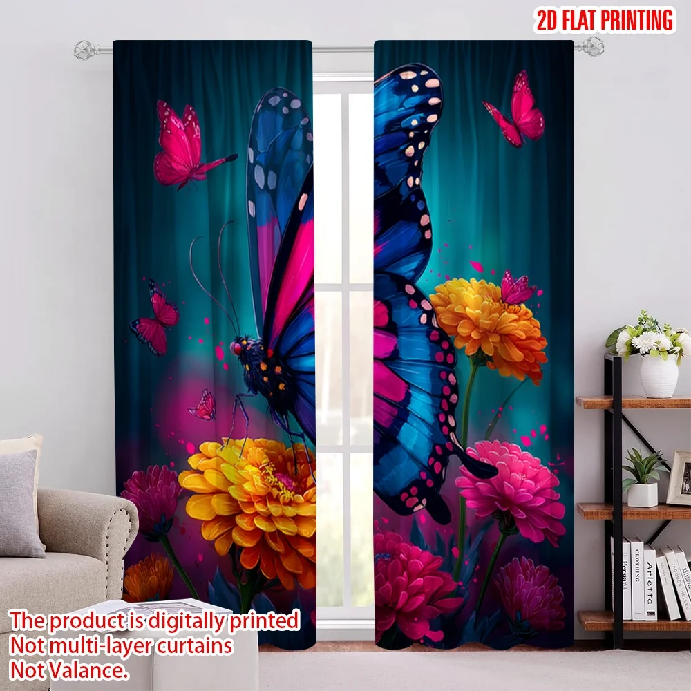 

2pcs 2D flat printing Party Window Curtains Vibrant Butterfly Flower_a Digital Printed Polyester Drapes Birthday Party Use for