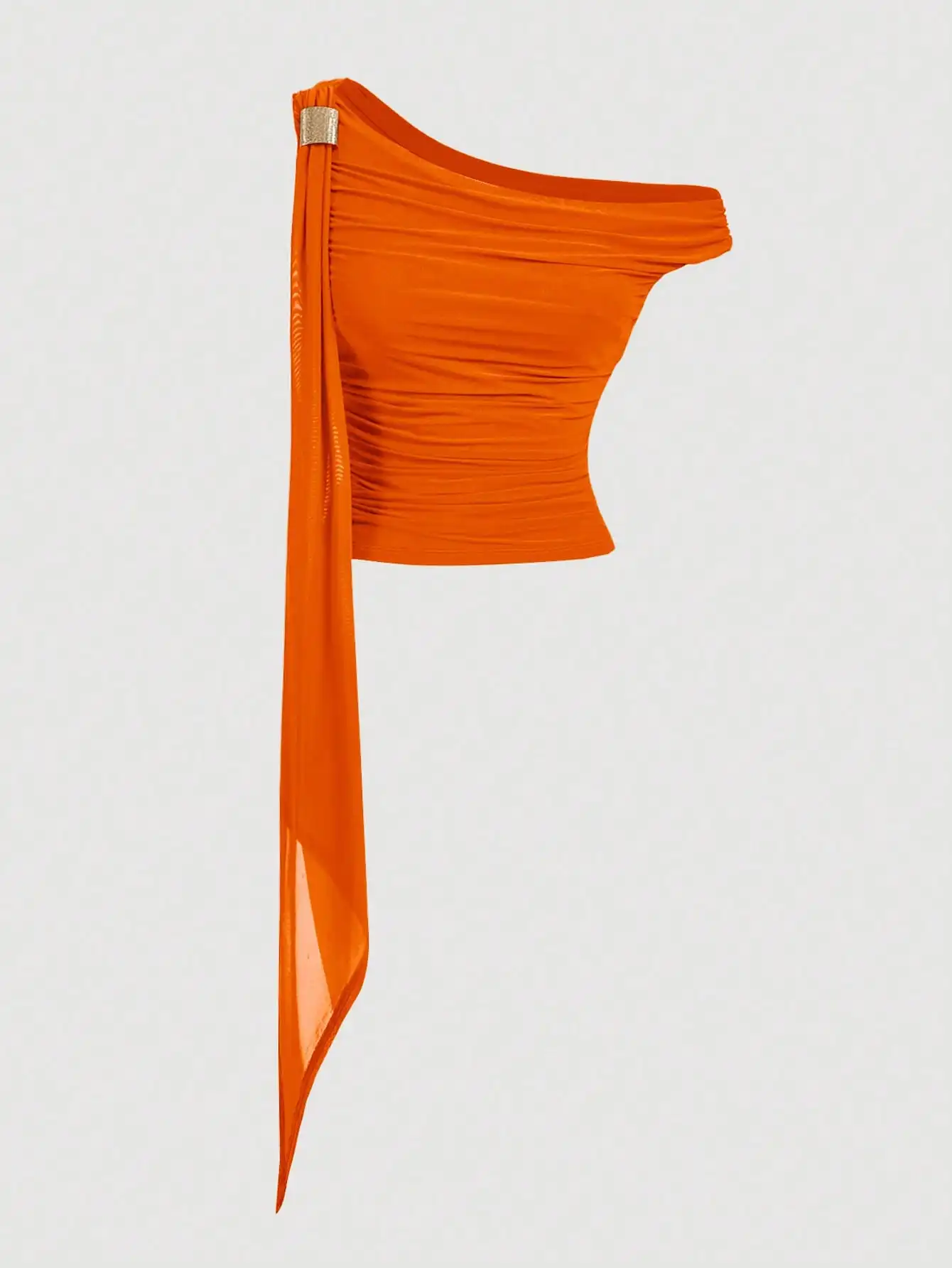 Asymmetric Retro Metallic Decor Ruffle 70s Top In Orange, Western Style, Boho Off The Shoulder Top