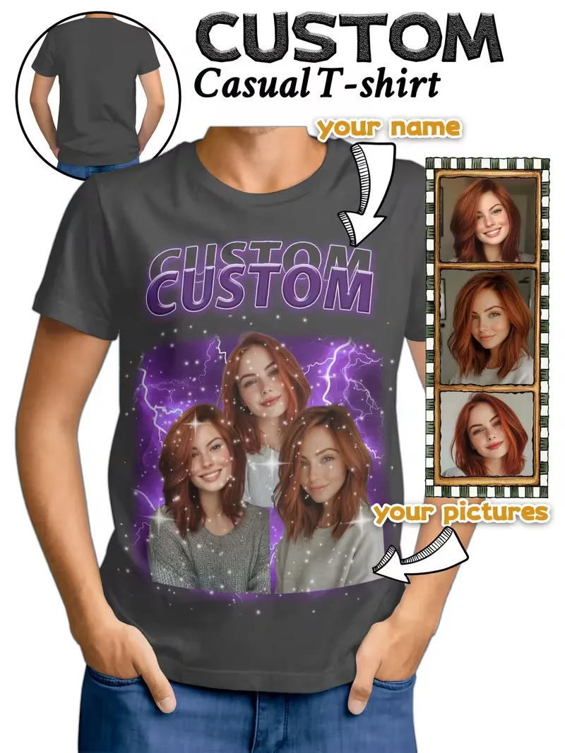 Custom Photo T-Shirt Personalized Upload Multiple Pictures Add Custom Name Men Women Crew Neck Short Sleeve Casual Tee Gift