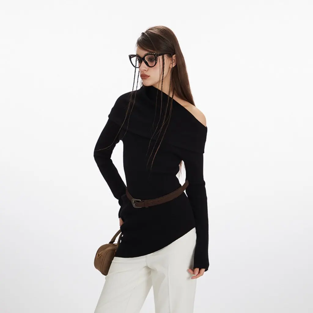 

Heyhenry Women's Slim Fit Knitwear Asymmetrical Half Turtleneck Slanted Shoulder Top European American Style Spring Autumn