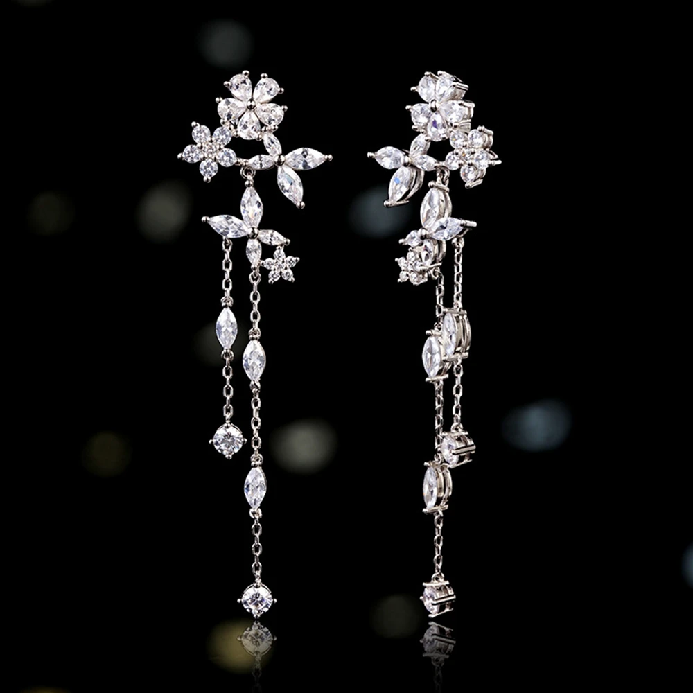 Wong Rain Romantic 925 Sterling Silver Flower Lab White Sapphire Gemstone Tassel Drop Dangle Earrings Jewelry Anniversary Gift