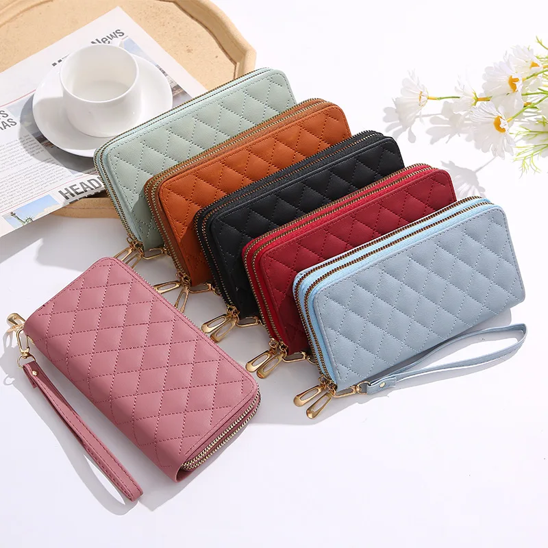 New Large Capacity Women Long Wallet Pu Leather Double Zipper Coin Purse Card Holder Cellphone Wallet Ladies Clutch with Wristle